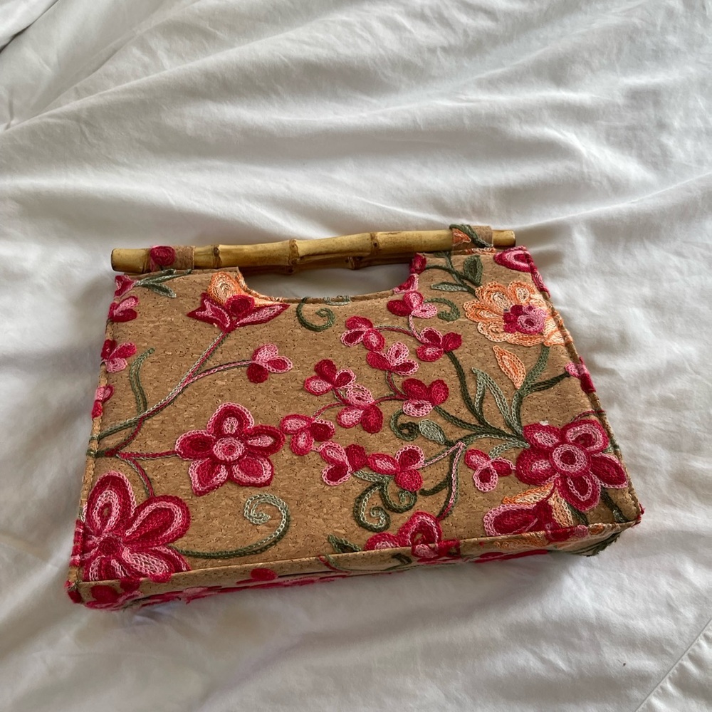 Kelly & Katie Floral Embroidered Tan Clutch